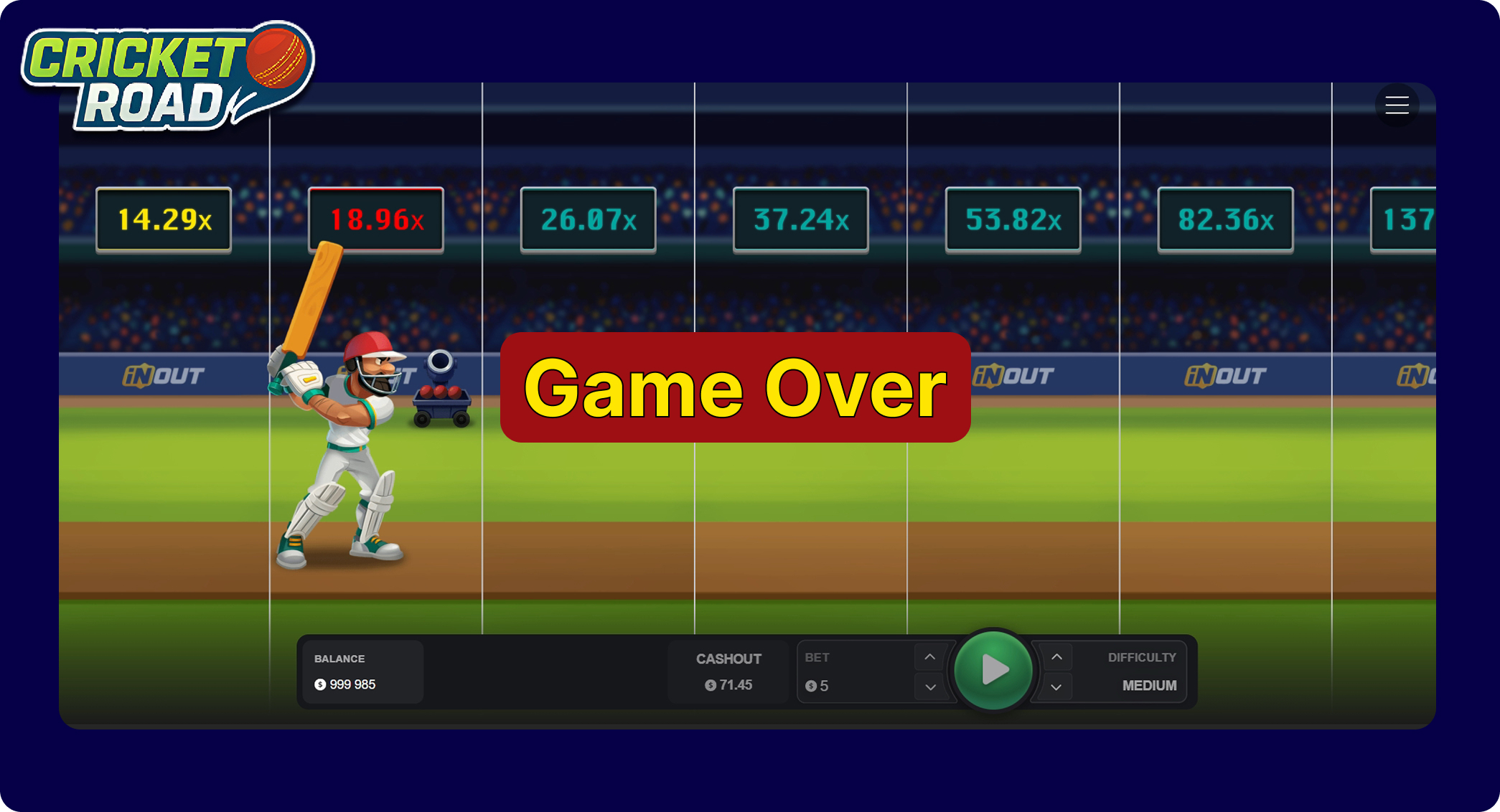 Cricket Road game over screen: round ends at 18.96x multiplier after hitting hidden trap, with cash-out value of $71.45 displayed