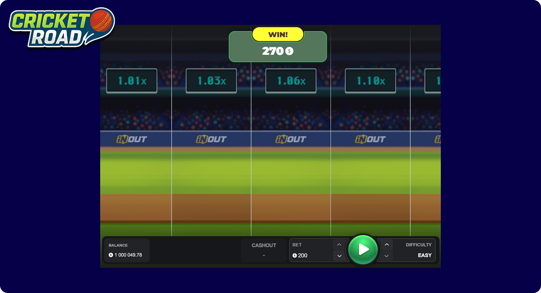 Cricket Road successful cash-out result: player wins $270 at 1.35x multiplier after manually pressing cash-out button
