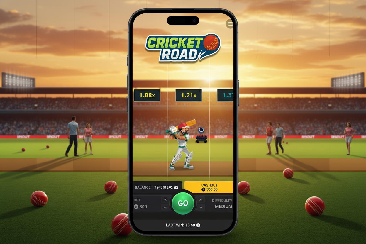 Cricket Road mobile gameplay on smartphone with cartoon cricketer, multipliers, balance, cashout and 