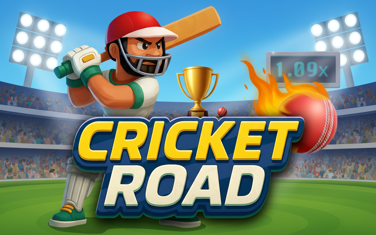 Cricket Road promo art: cartoon cricketer swinging bat at flaming ball with 1.09x multiplier, golden trophy and cheering crowd on sunny stadium under floodlights