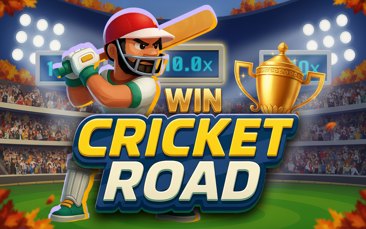 Cricket Road promo art: cartoon cricketer swinging bat with 10.0x multiplier, golden trophy and