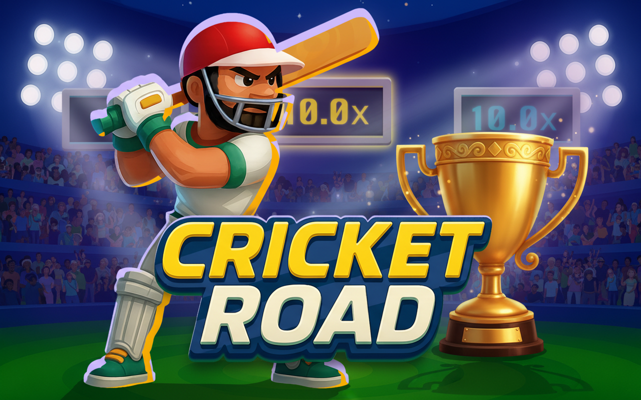 Cricket Road promo art: cartoon cricketer swinging bat with 10.0x multiplier, golden trophy and cheering crowd on night stadium under floodlights