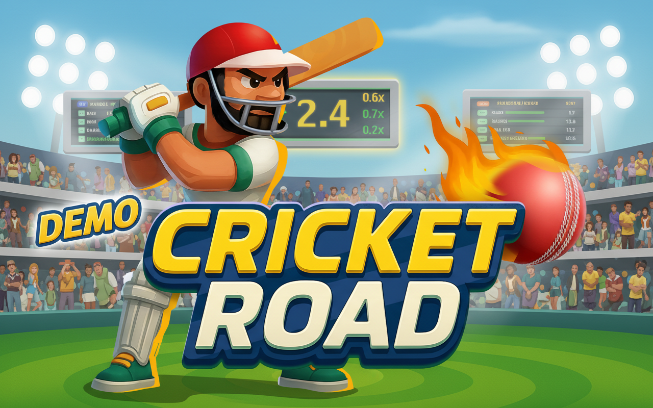 Cricket Road DEMO promo art: cartoon cricketer swinging bat at flaming ball with 2.4x, 0.6x, 0.7x and 0.2x multipliers, cheering crowd and “DEMO” text on sunny stadium under floodlights