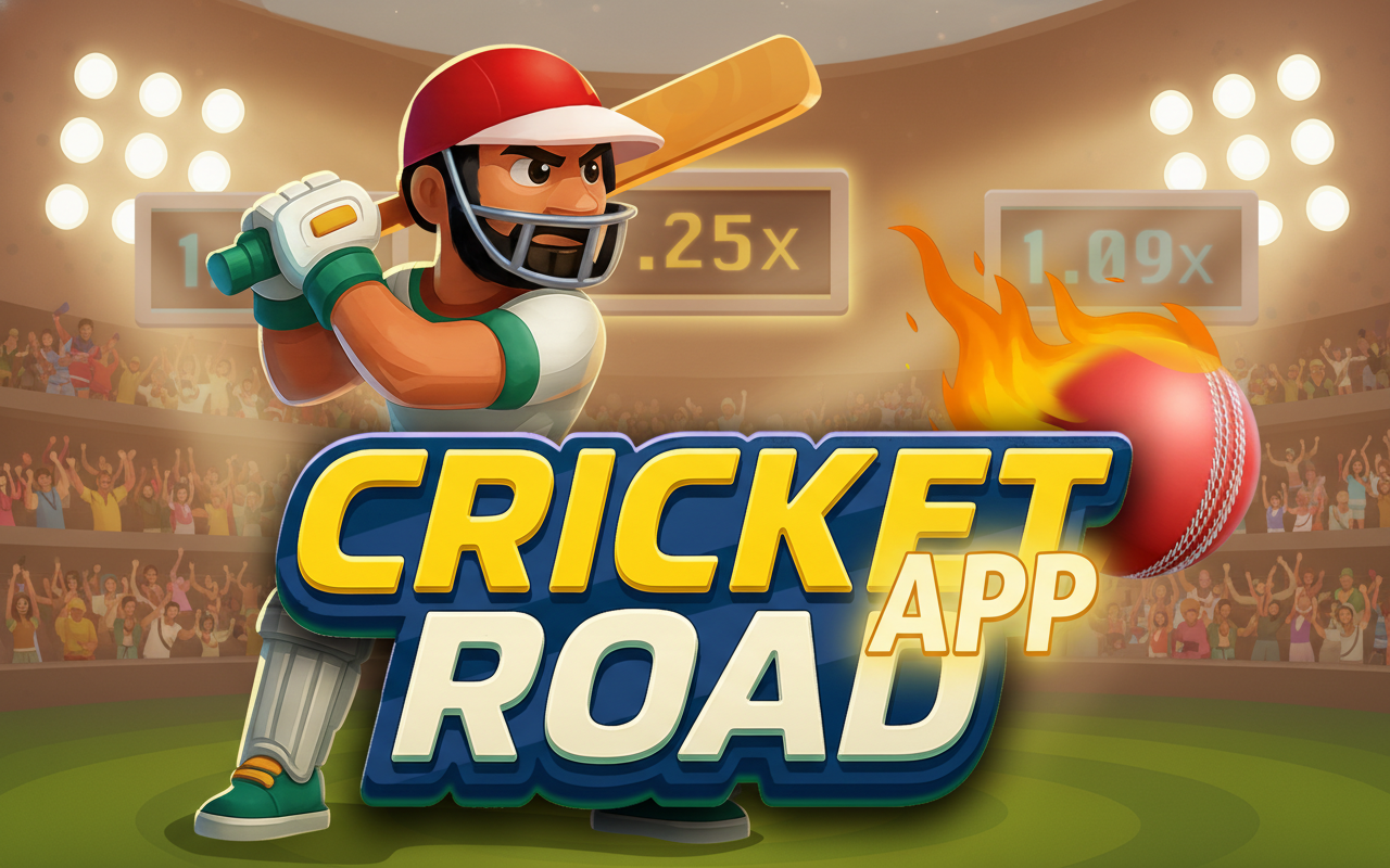 Cricket Road APP promo art: cartoon cricketer swinging bat at flaming ball with 1.25x and 1.09x multipliers, cheering crowd and 