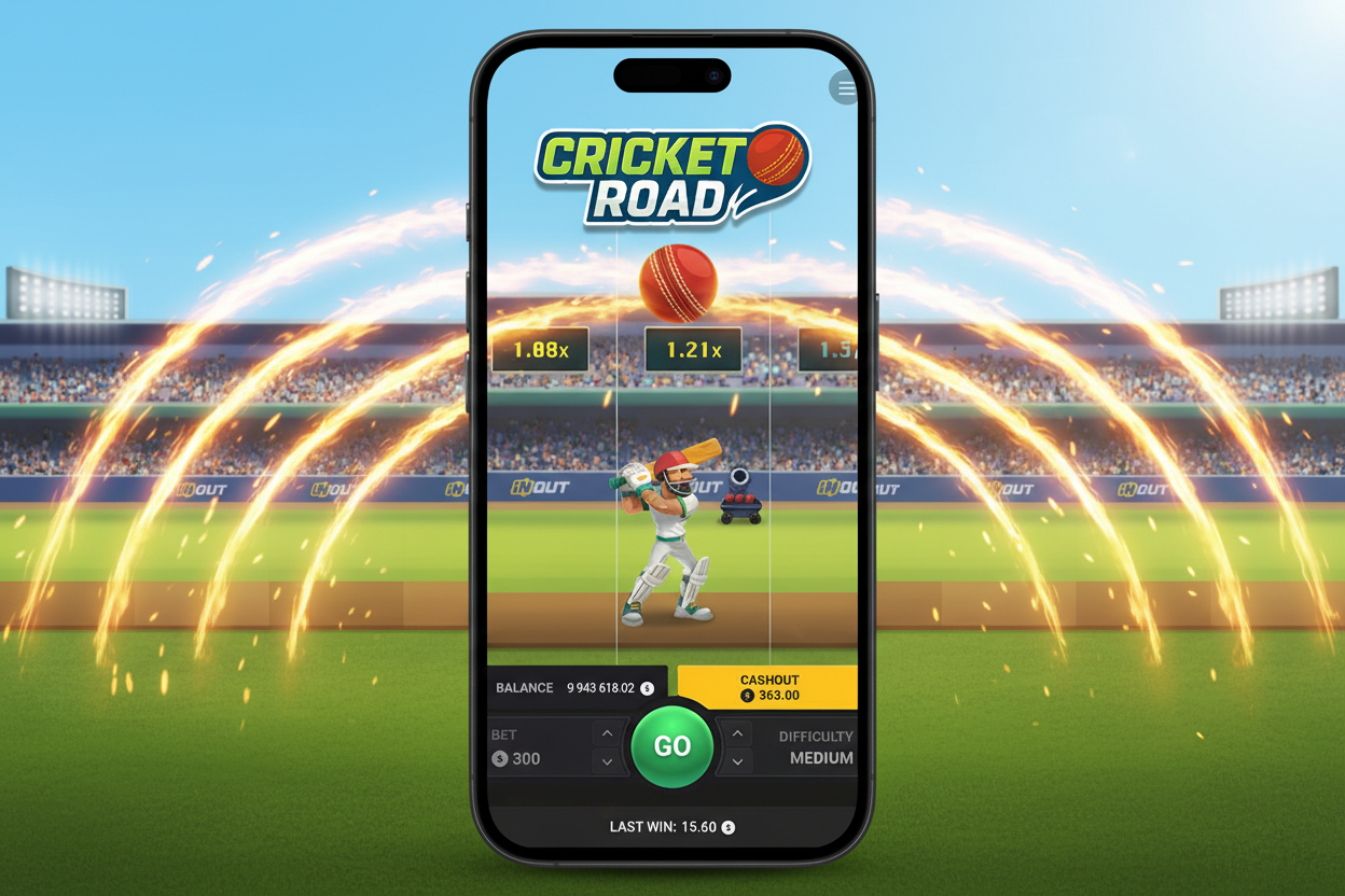 Cricket Road mobile gameplay on smartphone with cartoon cricketer, multipliers, balance, cashout and 