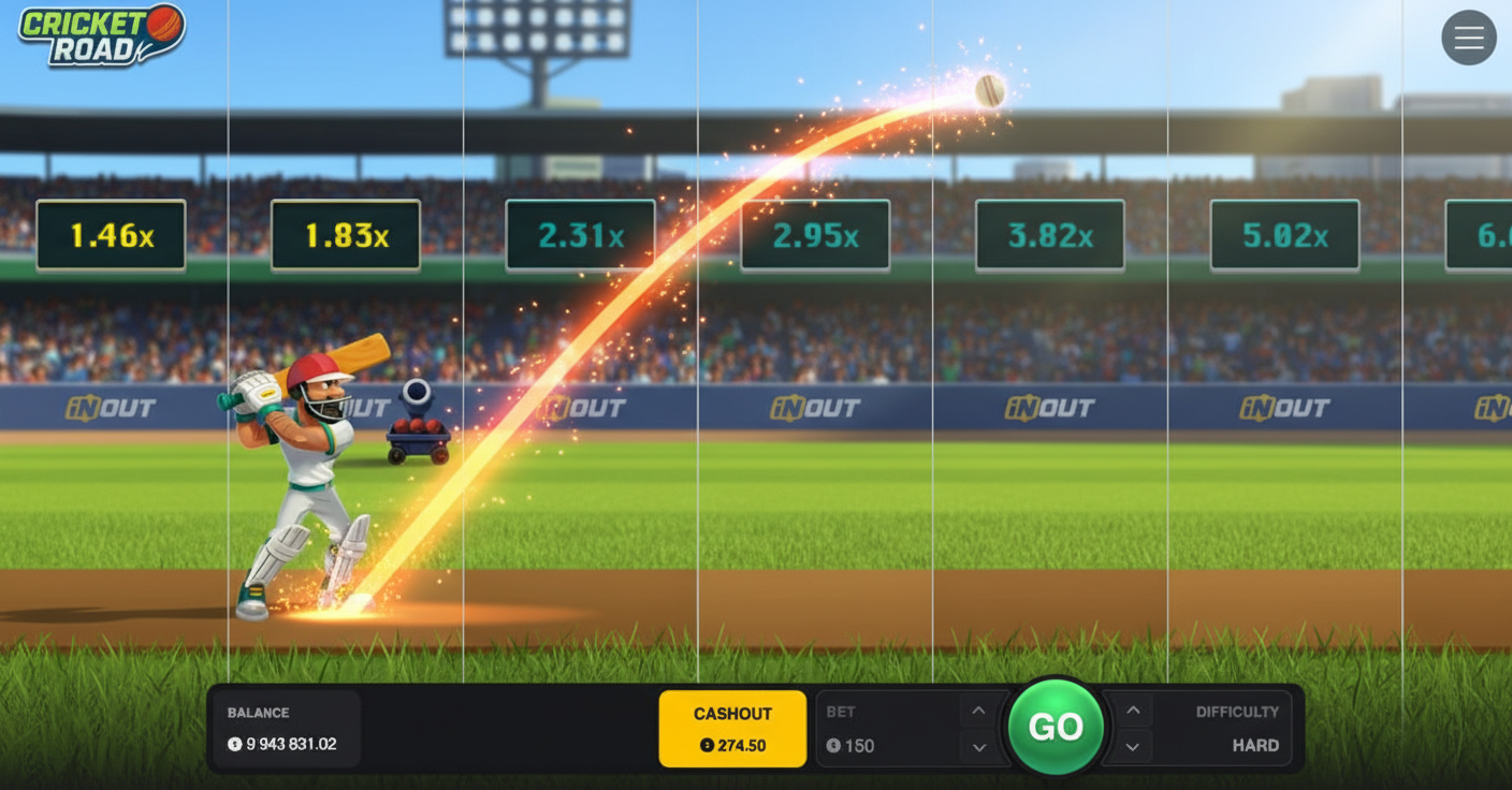 Cricket Road gameplay: cartoon cricketer at bat with multipliers, balance, cashout and “GO” button on screen — ball shown in motion with fiery trail after being hit