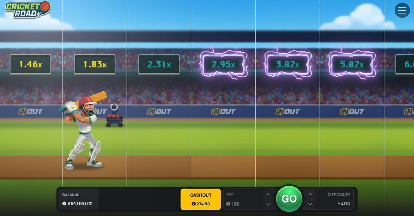 Cricket Road gameplay: cartoon cricketer at bat with multipliers (2.95x, 3.82x, 5.02x highlighted with lightning effects), balance, cashout and