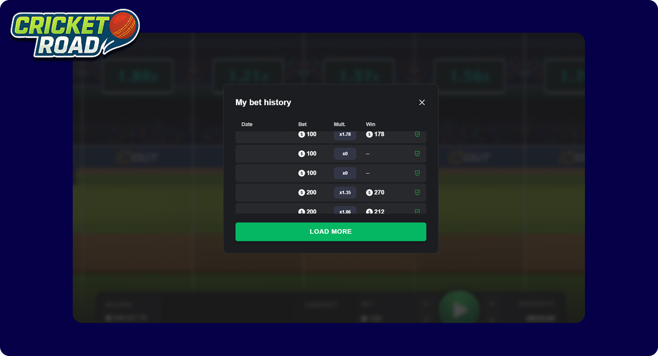 Cricket Road betting history panel showing real-time round results: successful cash-outs and trap losses for strategy analysis